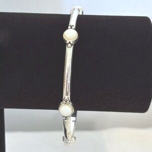 Silver Mother of Pearl Bangle‎ Bracelet Beaded Accents White Shell Stone
